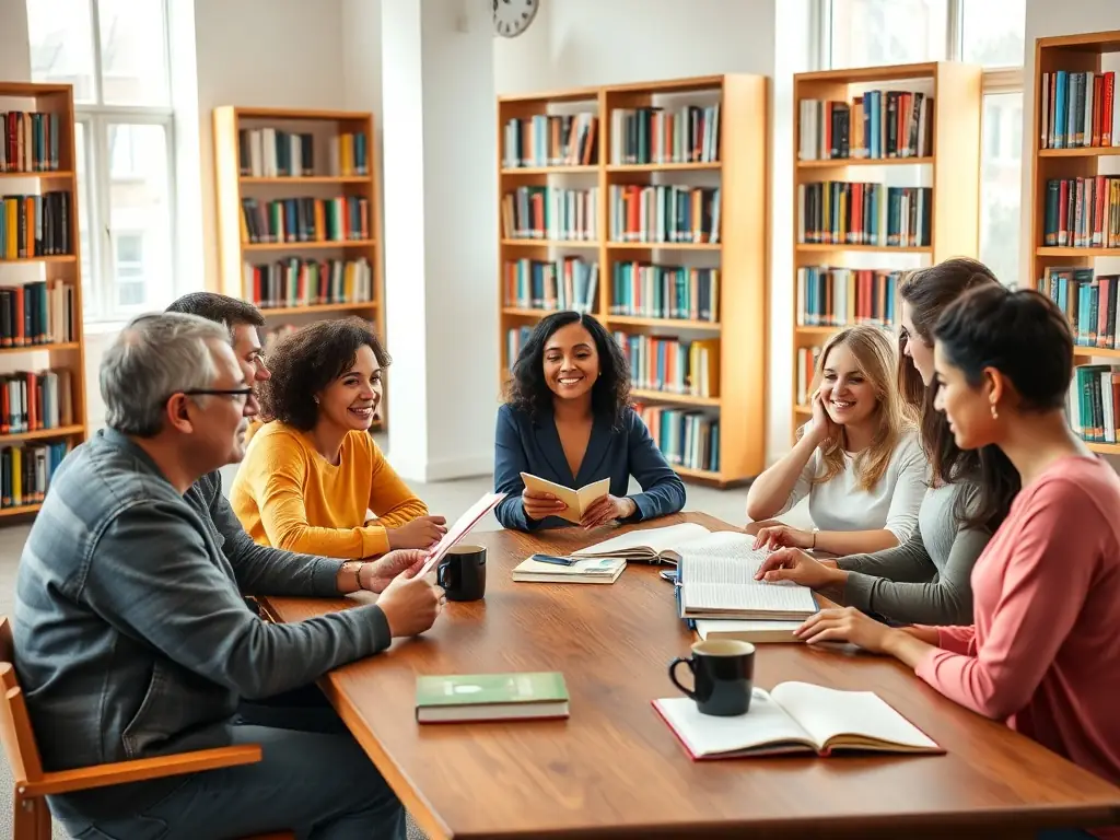 A vibrant image of a book club meeting at the library, with members discussing their latest read and sharing insights.