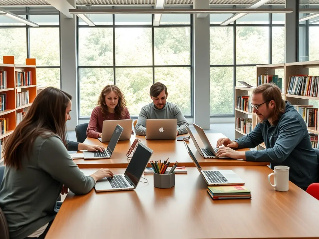 A diverse group of adults attending a workshop on digital literacy at the library, using computers and tablets to learn new skills.