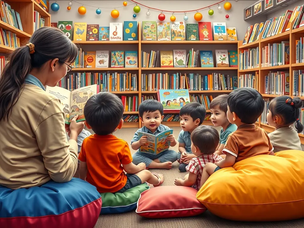 A group of children participating in a storytelling session at the library, with a librarian reading aloud from a colorful picture book.