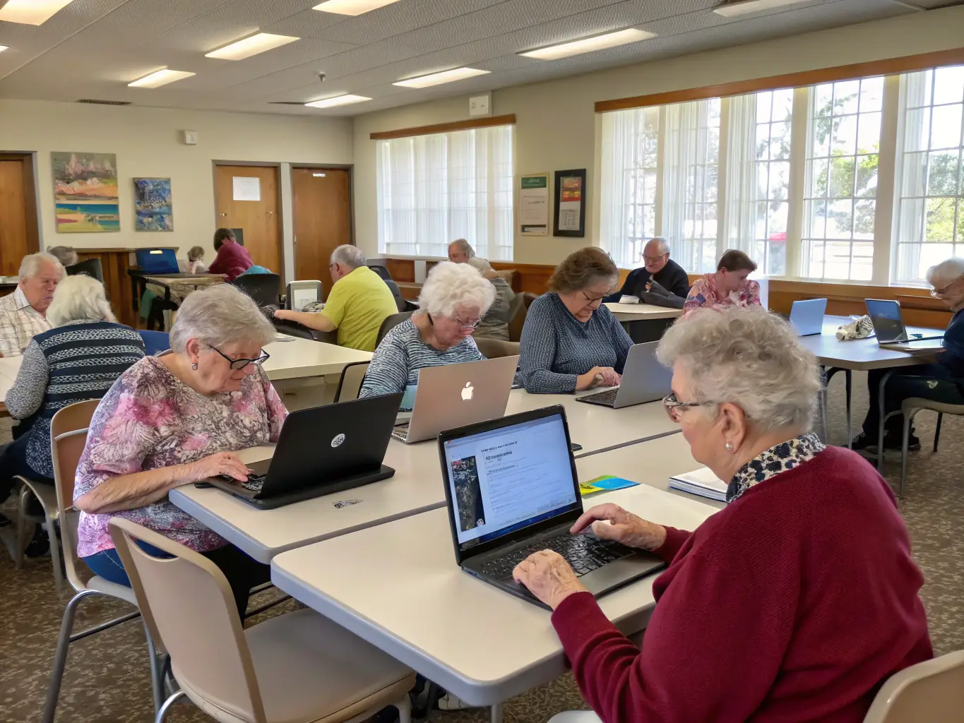 A photograph of adults attending a computer literacy workshop at the library, focusing on digital skills and online resources.