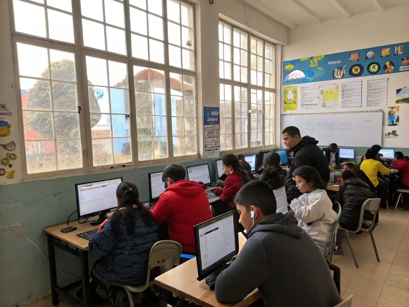 A photograph showcasing adults attending a computer literacy workshop at BIBLIOTHEQUE DE LA FLOTTE, focusing on learning basic computer skills and internet navigation.