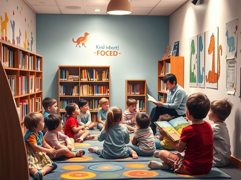 A group of children enthusiastically participating in a story time session at the library, surrounded by colorful books and engaging props.