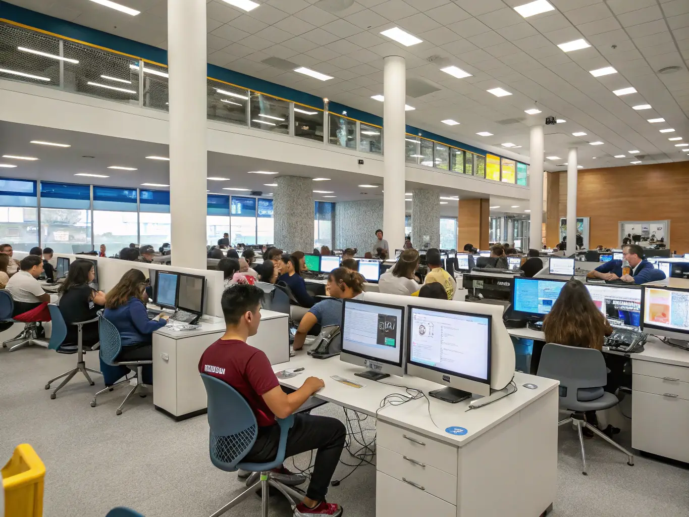 An image showcasing adults participating in a computer literacy workshop at the library, with an instructor guiding them through the basics of using computers and the internet. The setting is a well-equipped computer lab with modern technology.