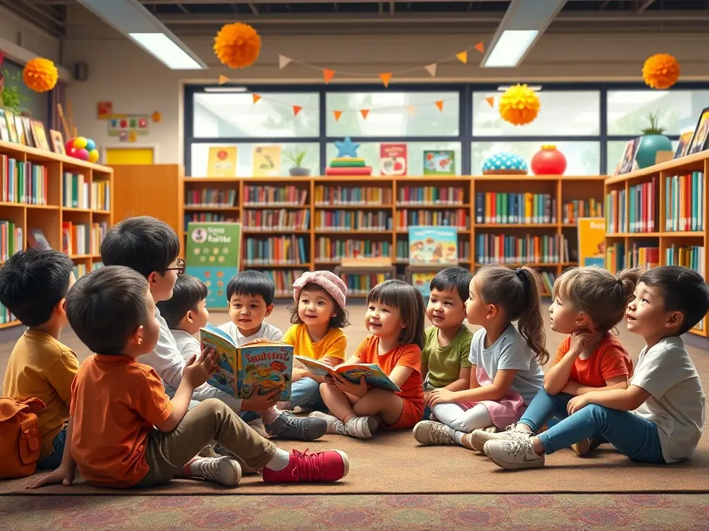 A vibrant image of children participating in a story time session at BIBLIOTHEQUE DE LA FLOTTE, with a librarian reading aloud and kids actively listening and engaging with the story.