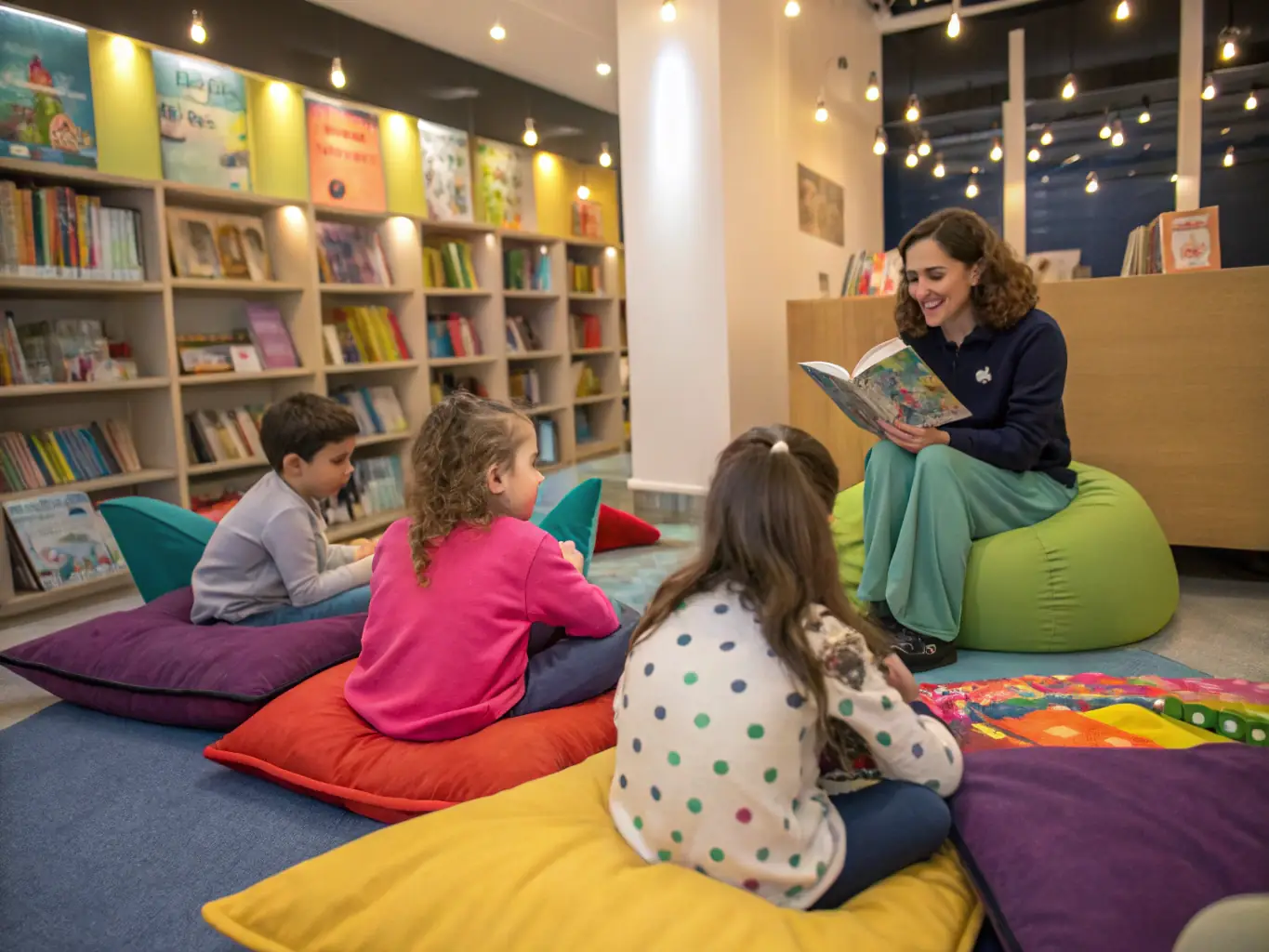 A vibrant image depicting children participating in a storytelling session at the library, with a librarian reading aloud from a colorful picture book. The scene is set in a cozy corner of the children's section, filled with books and comfortable seating.