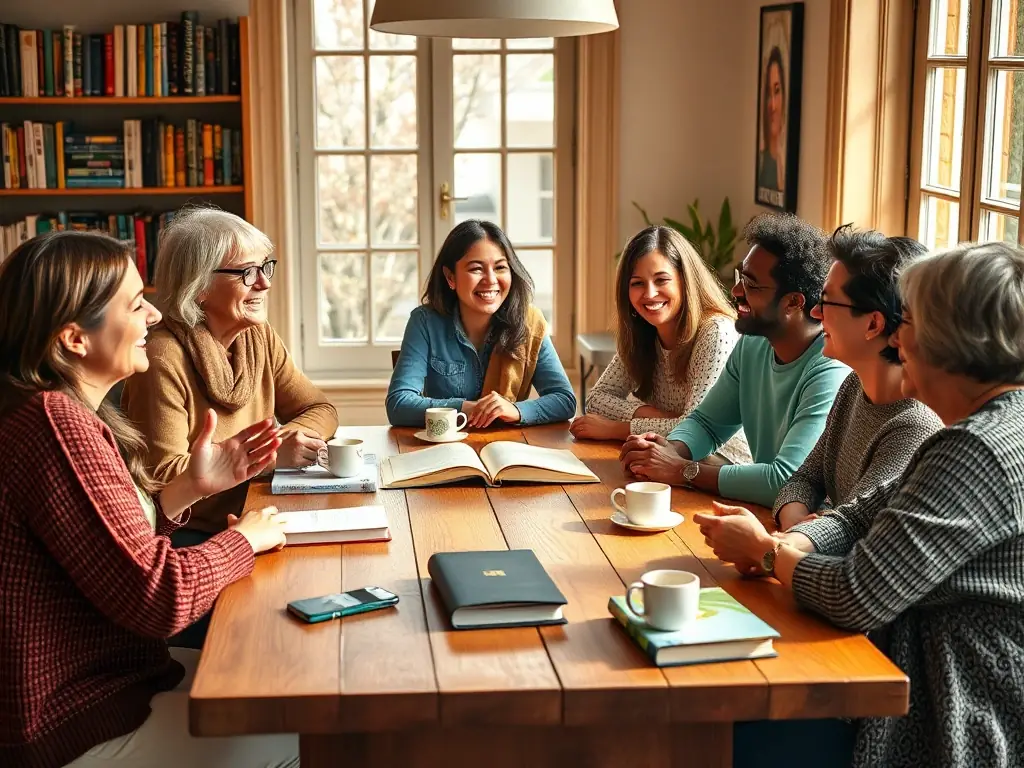 A vibrant scene of community members participating in a book club discussion at the library, sharing their thoughts and insights on a selected novel.