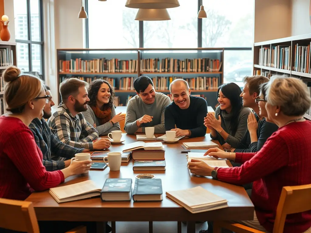 A photograph capturing a lively book club discussion taking place at the library, with members of all ages sharing their thoughts and insights on a recent read. The atmosphere is warm and inviting, with books and refreshments on the table.